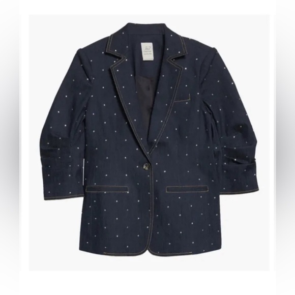 New Cinq A Sept Khloe Rhinestone Ruched Sleeve Blazer In Indigo size 4 - Picture 2 of 8